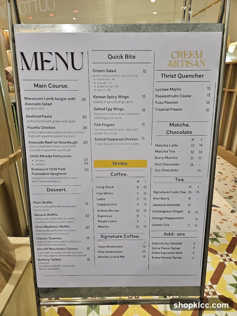Creem Artisan Menu