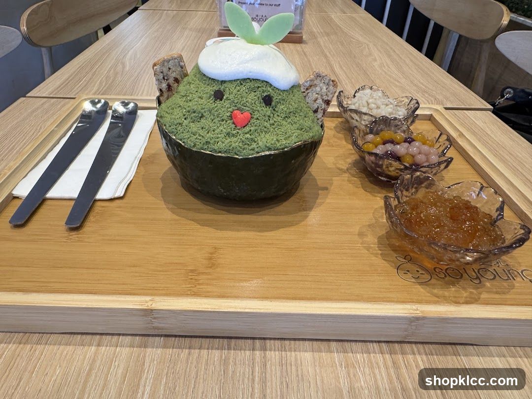 Matcha shaved ice dessert with toppings