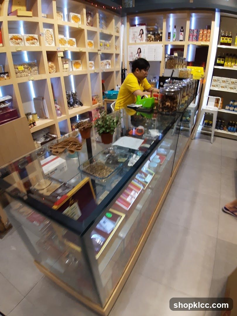 Store interior with display shelves and counter