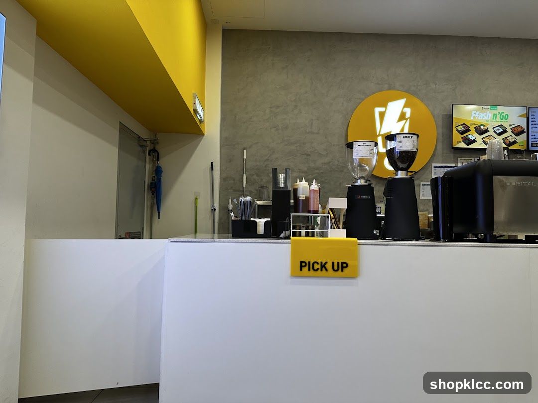 Coffee shop counter with pick-up sign