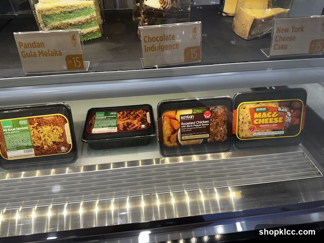 Pre-packaged meals and desserts in a display case