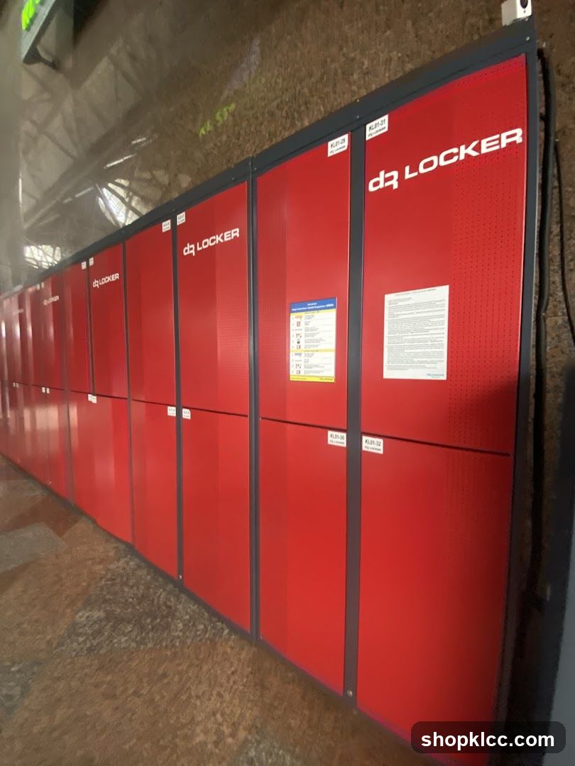 Red lockers with company logo
