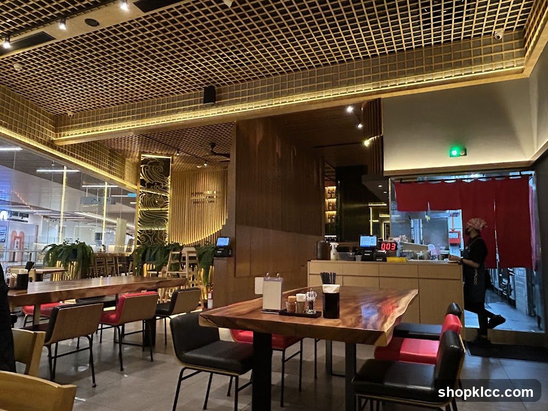 Restaurant Interior with Wooden Tables and Staff