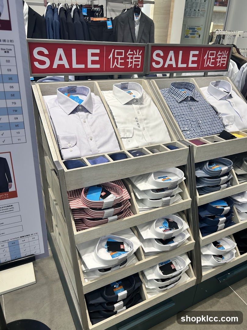 Shirts on display with sale signs