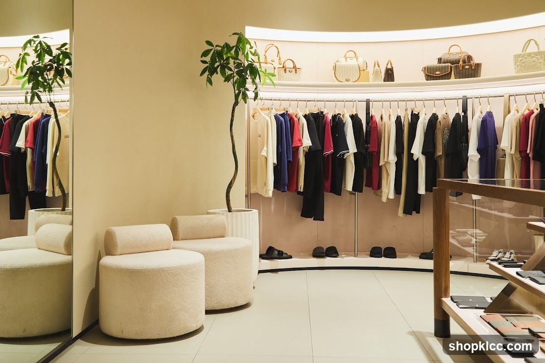 Clothing store interior with racks of apparel and handbags