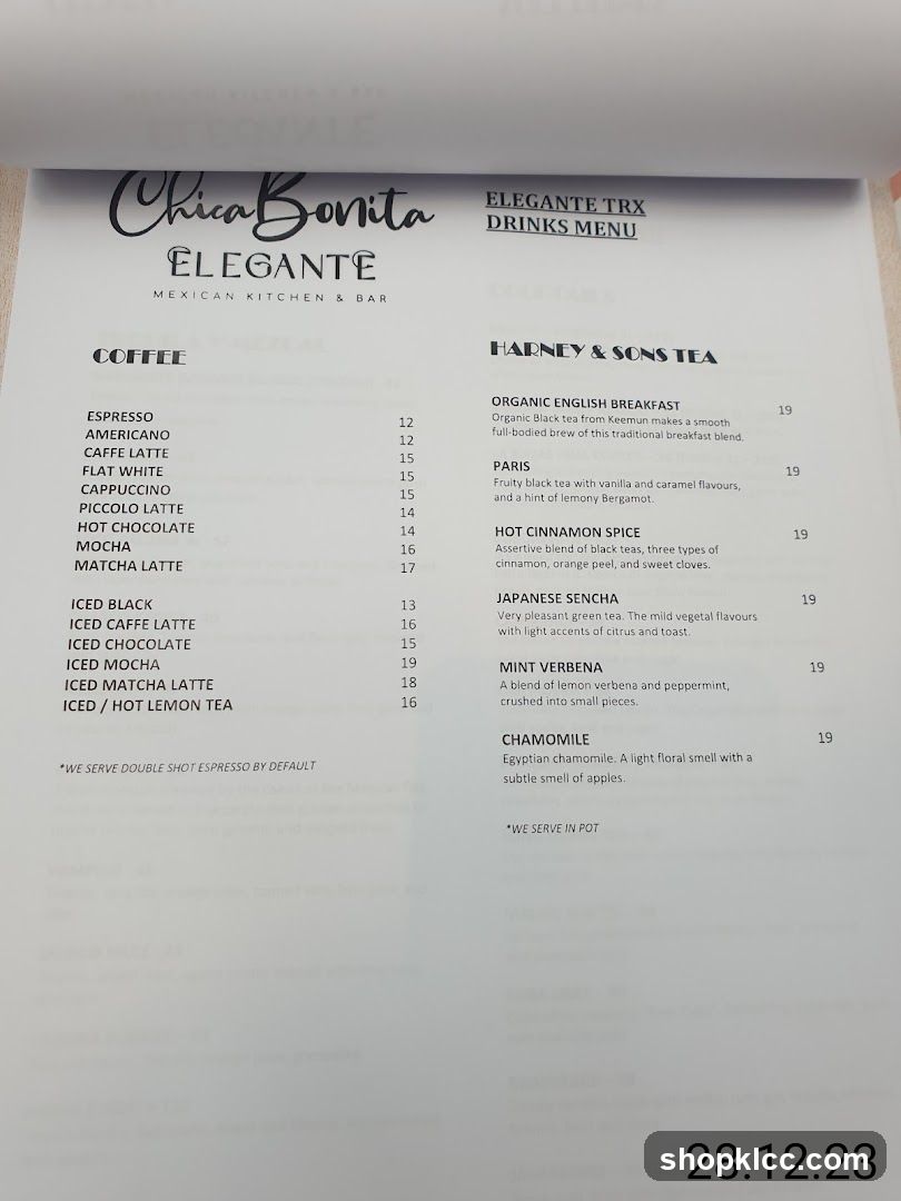 Elegante TRX Drinks Menu