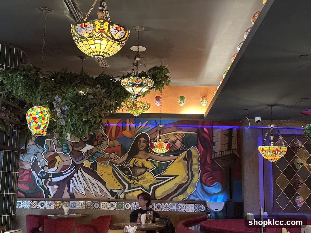 Restaurant Interior with Colorful Mural and Tiffany Lamps