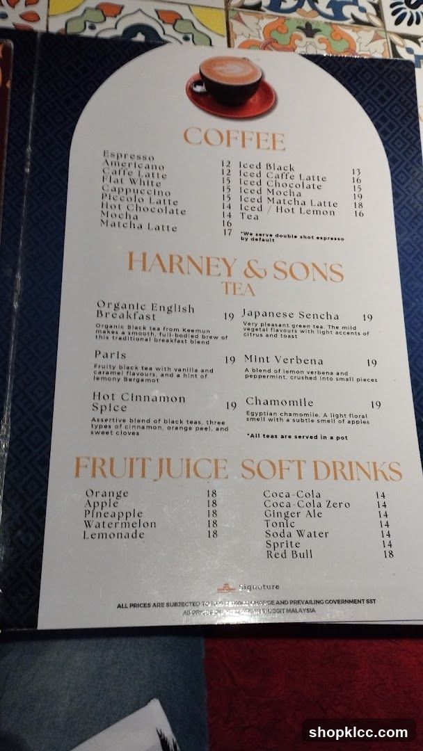 Coffee, Tea, Fruit Juice and Soft Drinks Menu