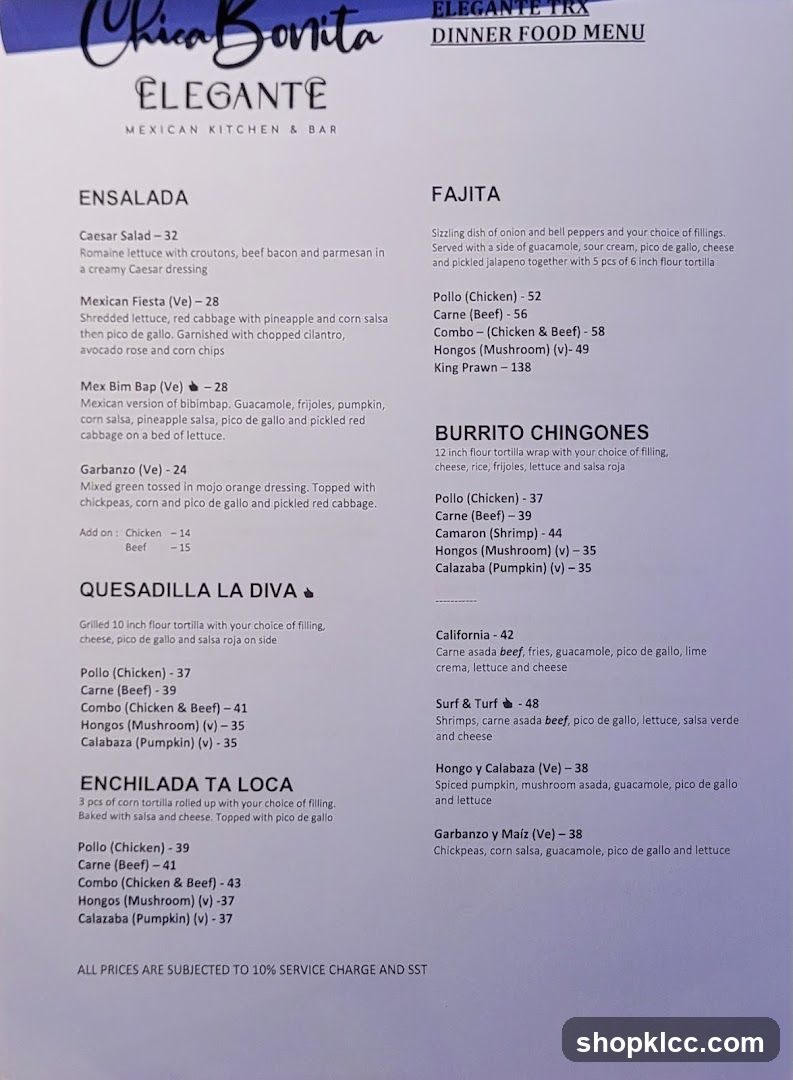 ELEGANTE TRX DINNER FOOD MENU