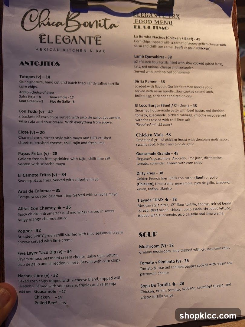 Chica Bonita Elegante Food Menu