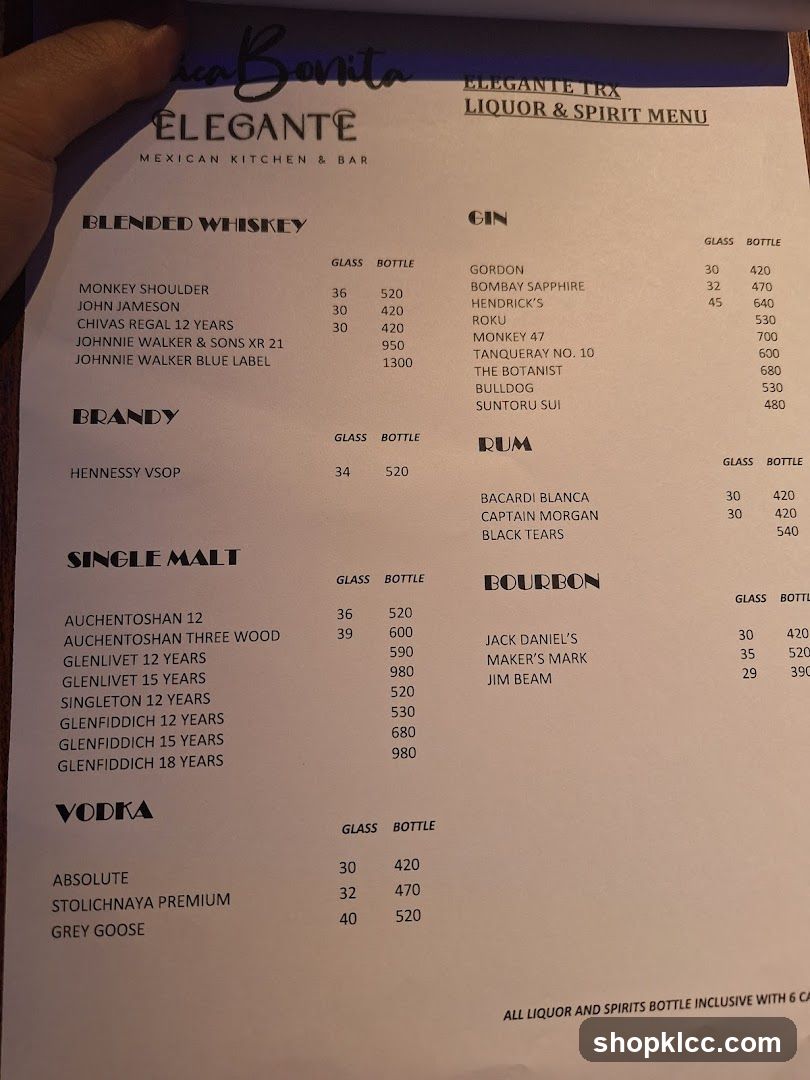 ELEGANTE TRX LIQUOR & SPIRIT MENU
