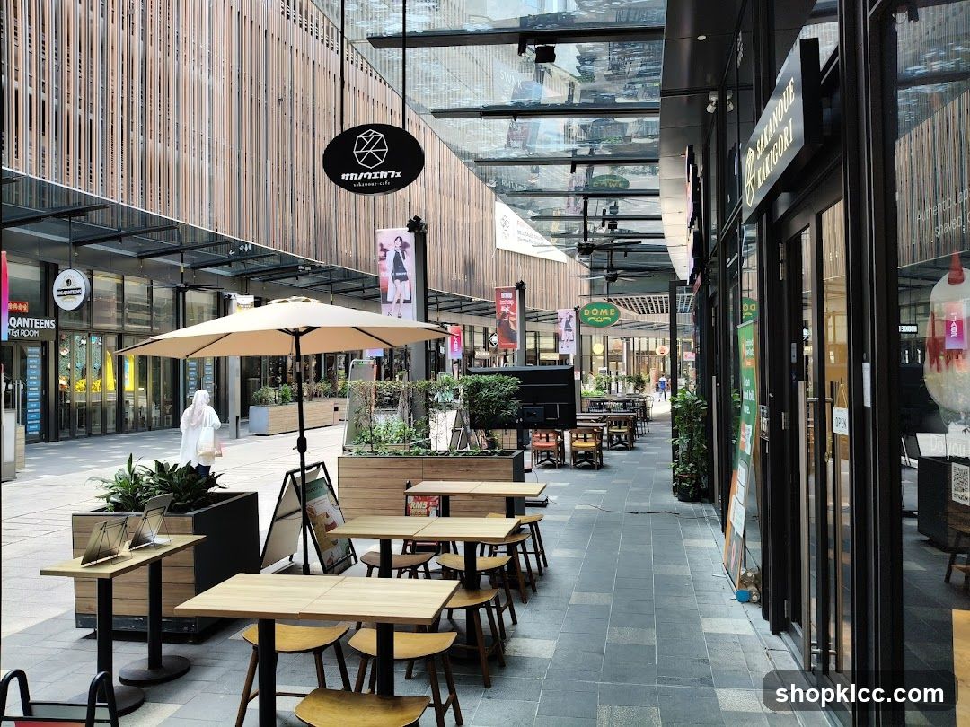 Outdoor Dining Area in Shopping Mall Corridor