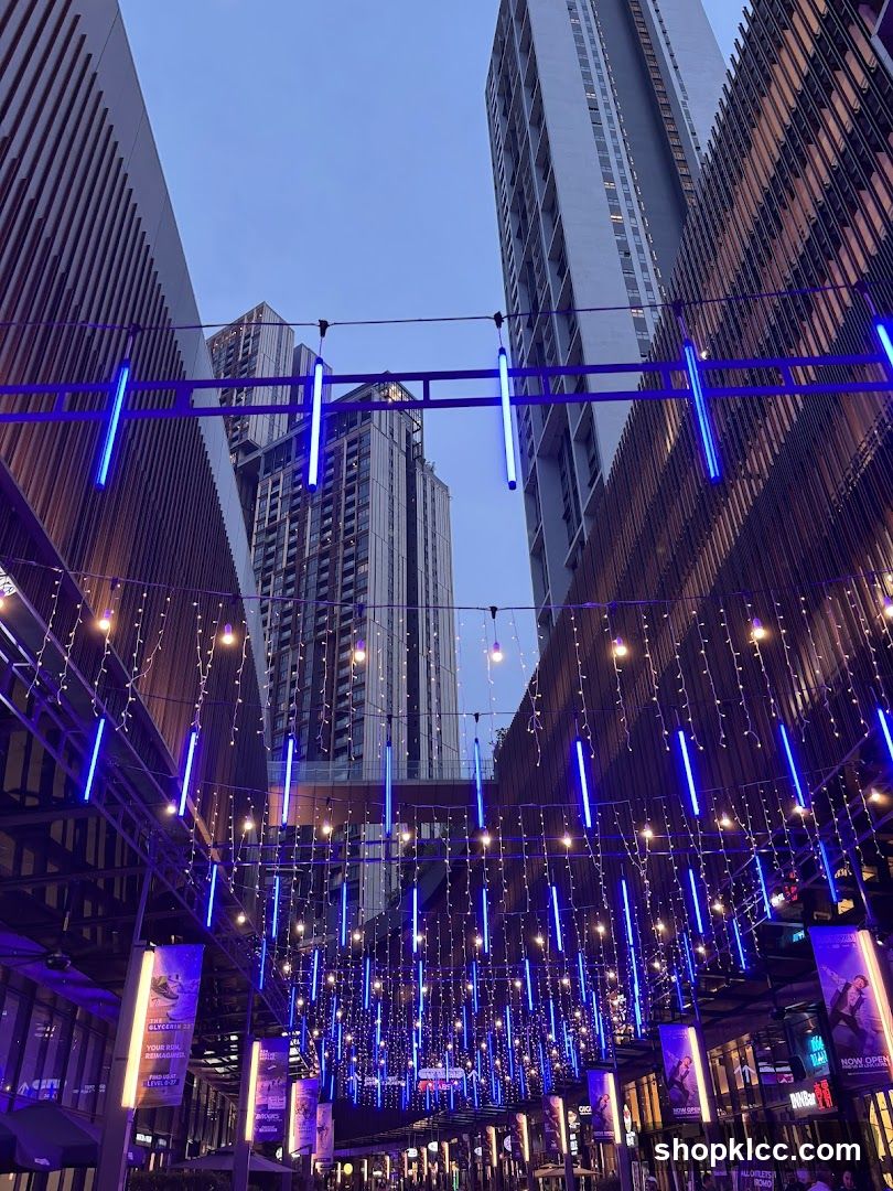 Evening Street Scene with Blue Neon Lights