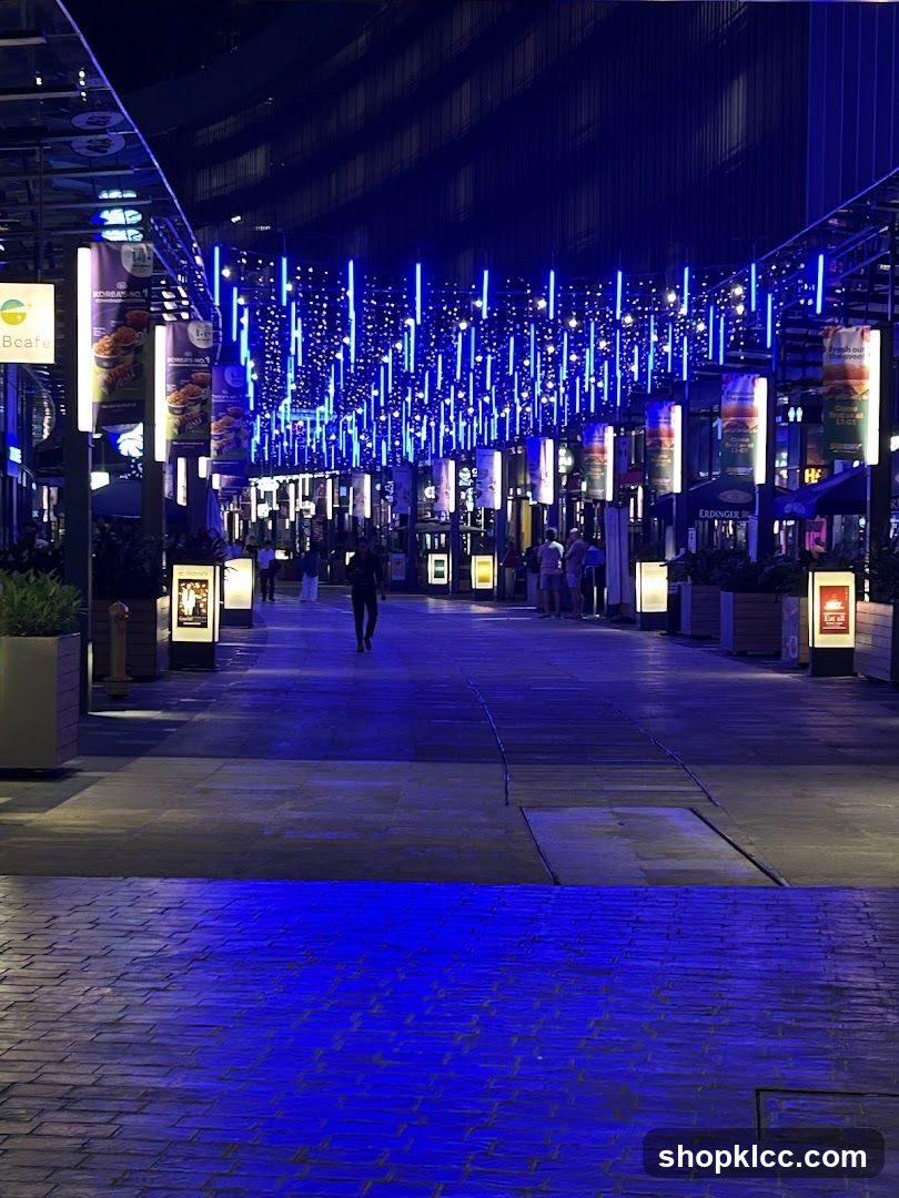 Nighttime Shopping Arcade with Blue Lighting