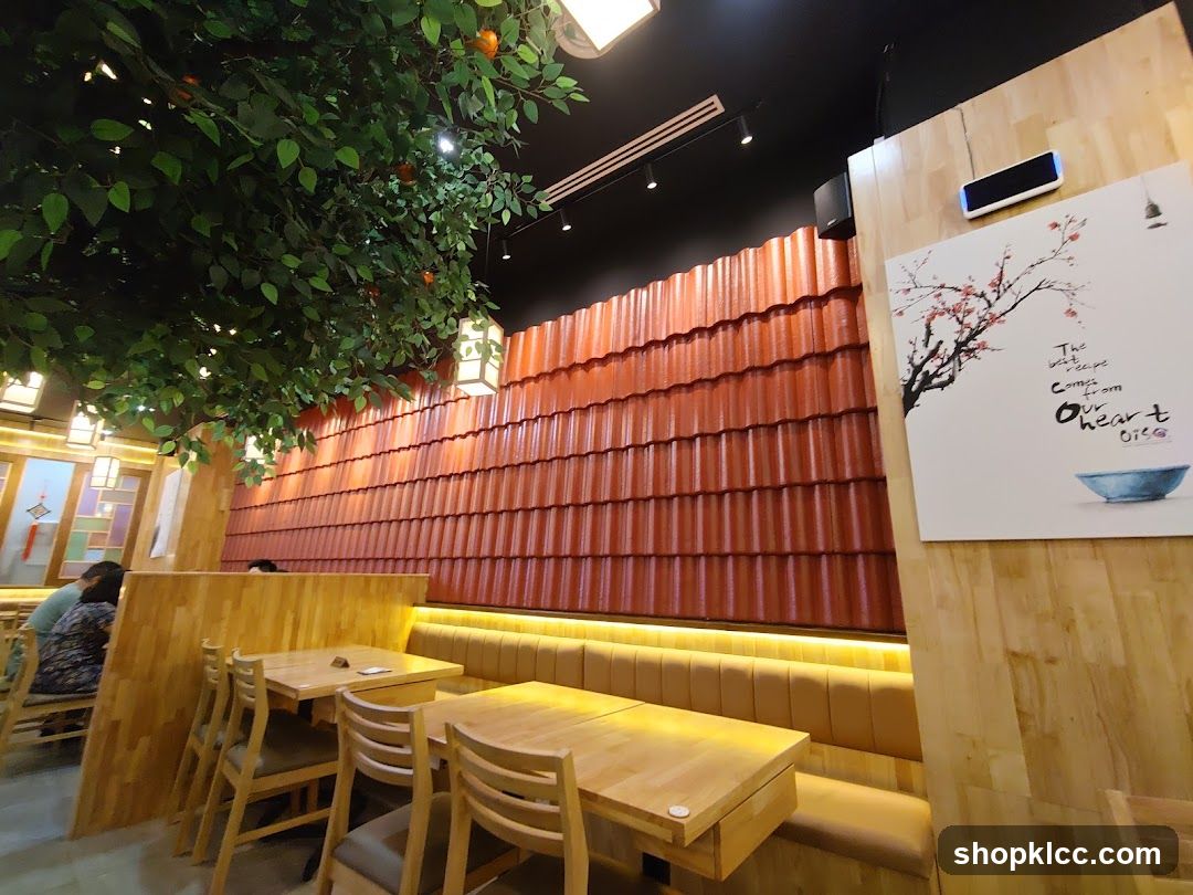Restaurant Interior with Wooden Decor and Red Tiled Wall
