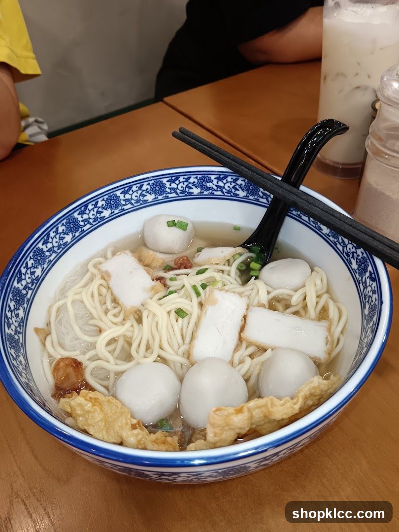 Bowl of Noodle Soup with Fish Balls and Tofu