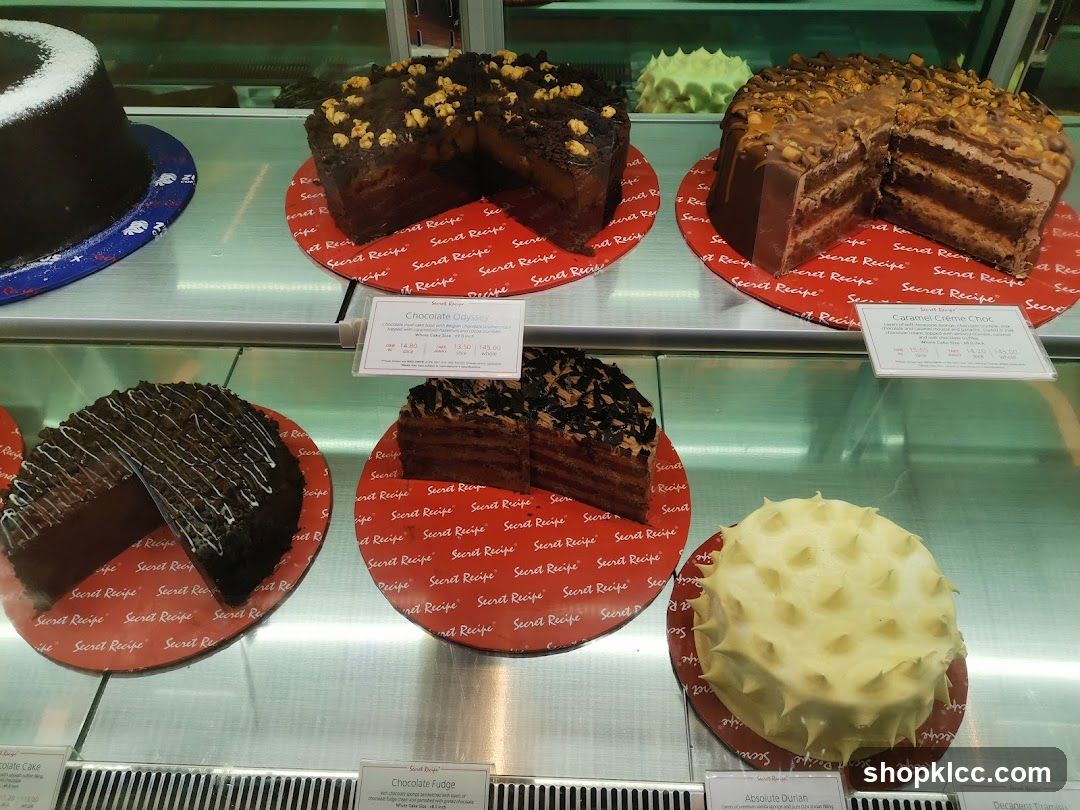 Cakes in a display case