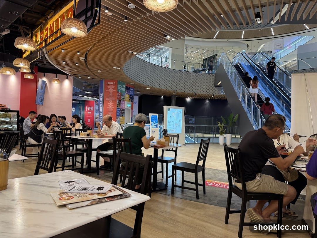 Restaurant Interior with Diners and Escalators