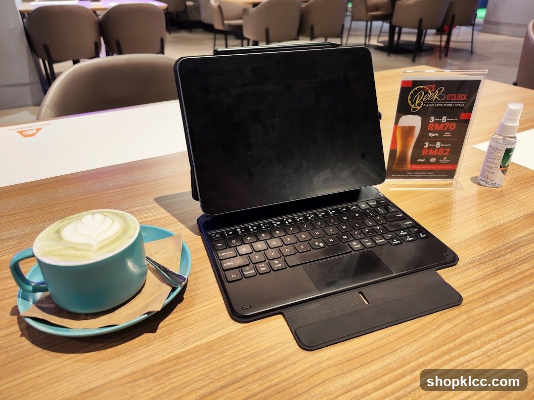 Table with Tablet, Coffee, and Beer Promotion