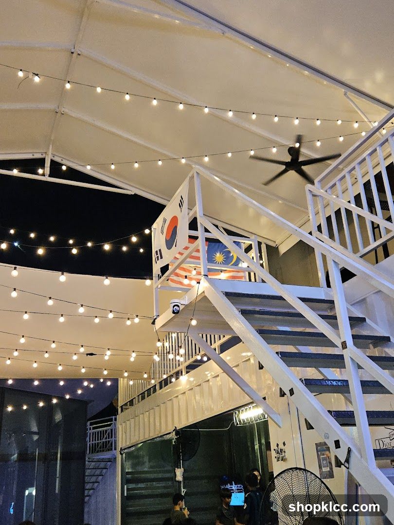 Outdoor Night Scene with Flags and Stairs