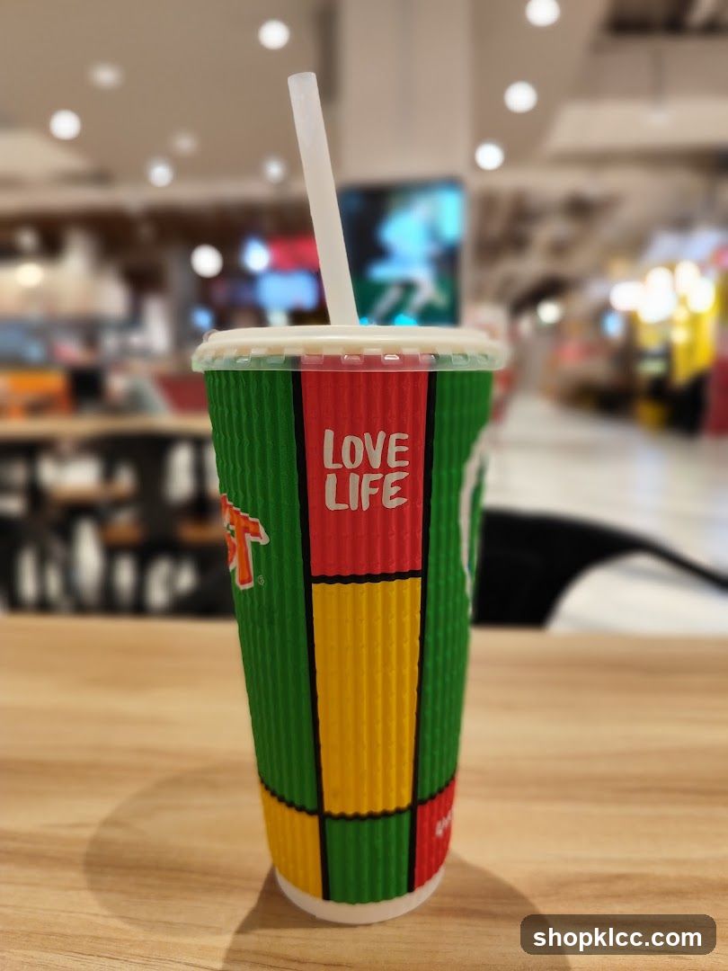 Rastafarian-themed drink cup in mall food court