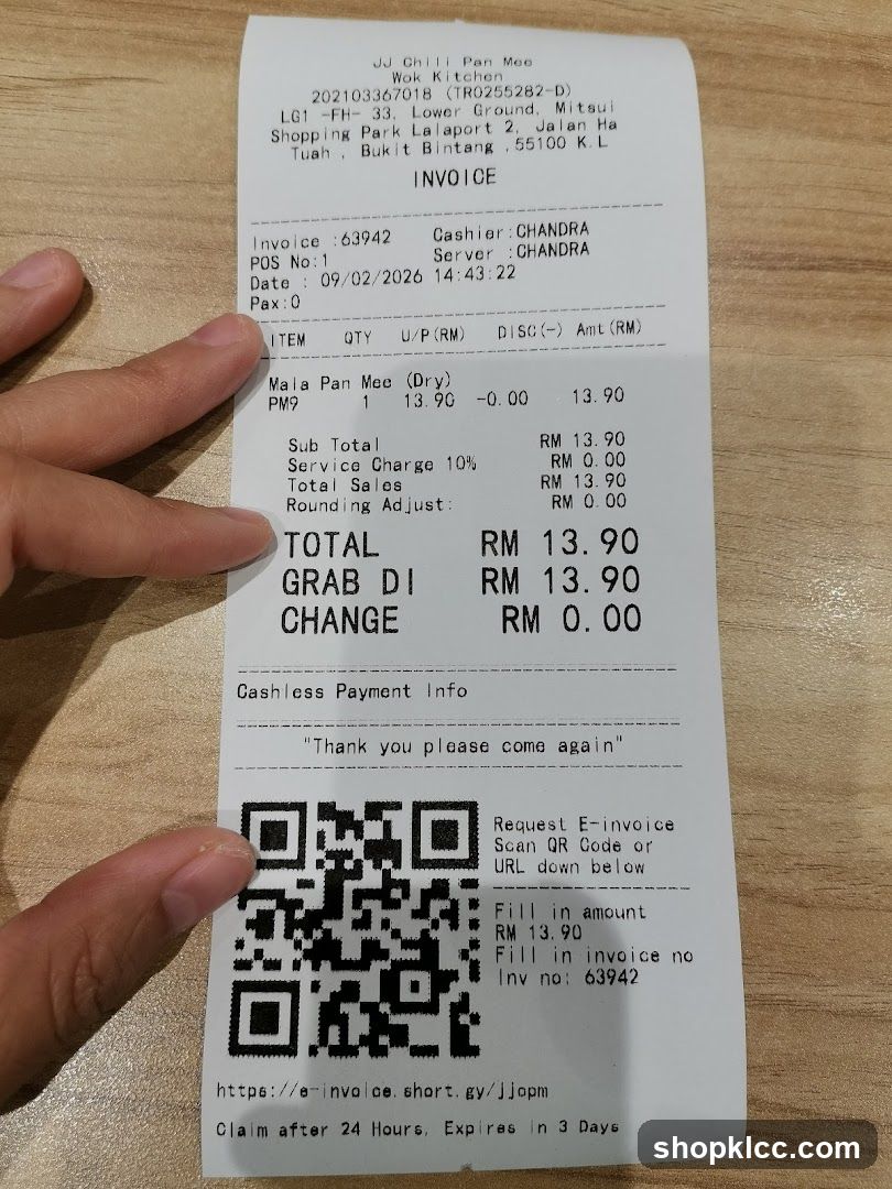 Receipt of J.J. Chili Pan Mee