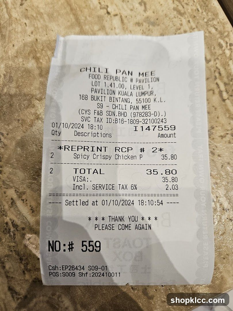 Receipt from Chili Pan Mee