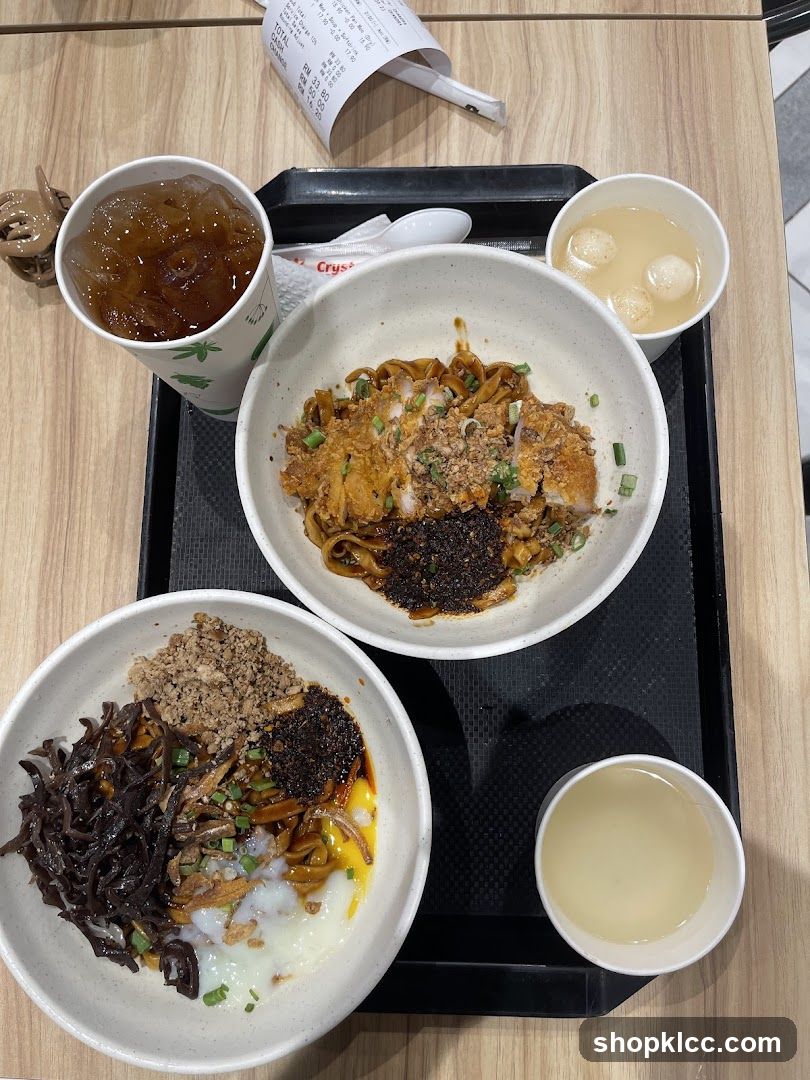 Food Tray with Noodles and Drinks