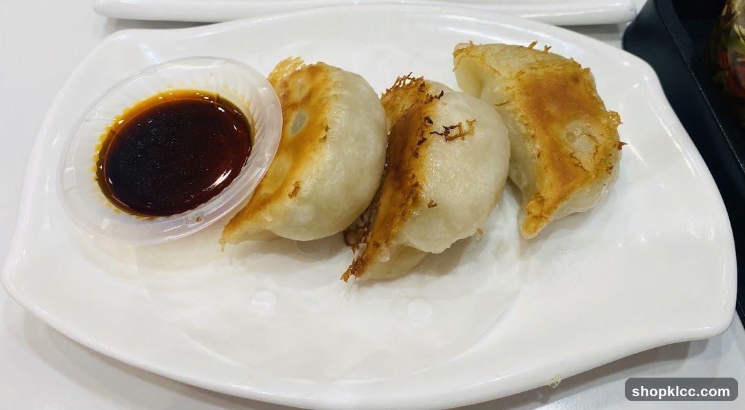Pan-fried dumplings with dipping sauce