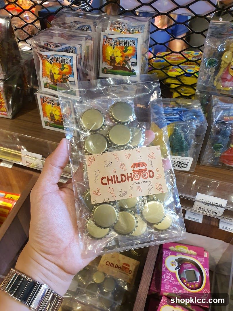 Bag of bottle caps with "CHILDHOOD" branding