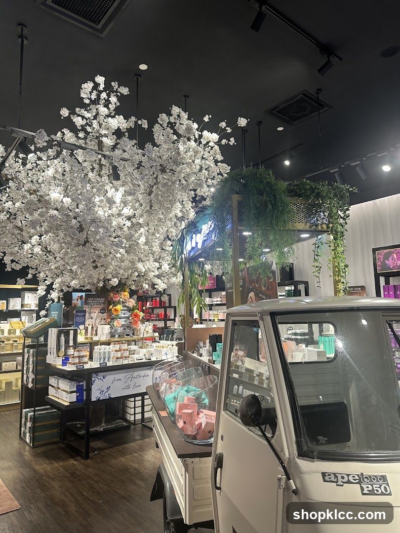 Interior of a store with decorative elements and products