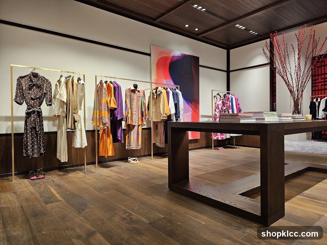 Clothing store interior with racks of apparel