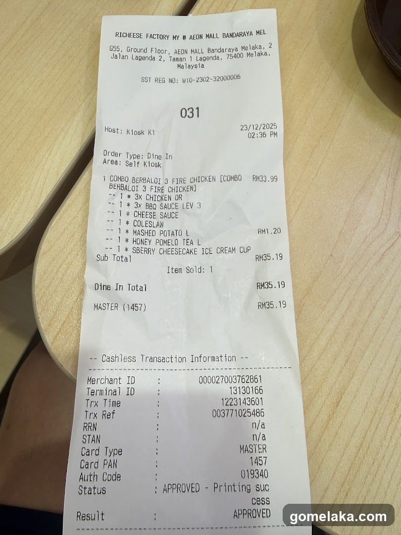 Receipt from Richeese Factory at AEON Mall Bandaraya Melaka