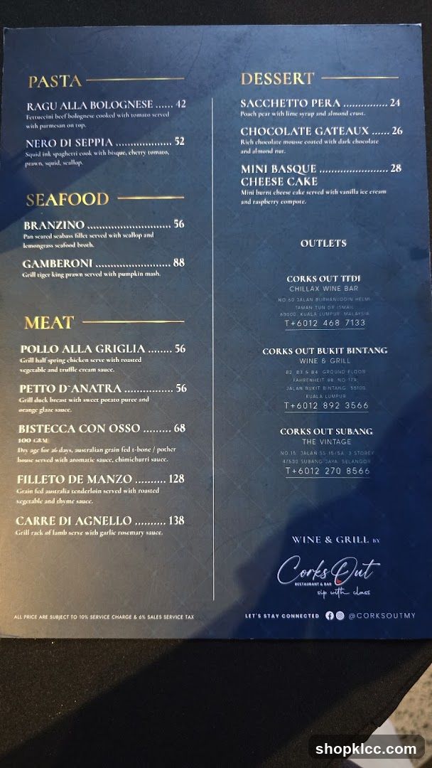 Corks Out Restaurant & Bar Menu