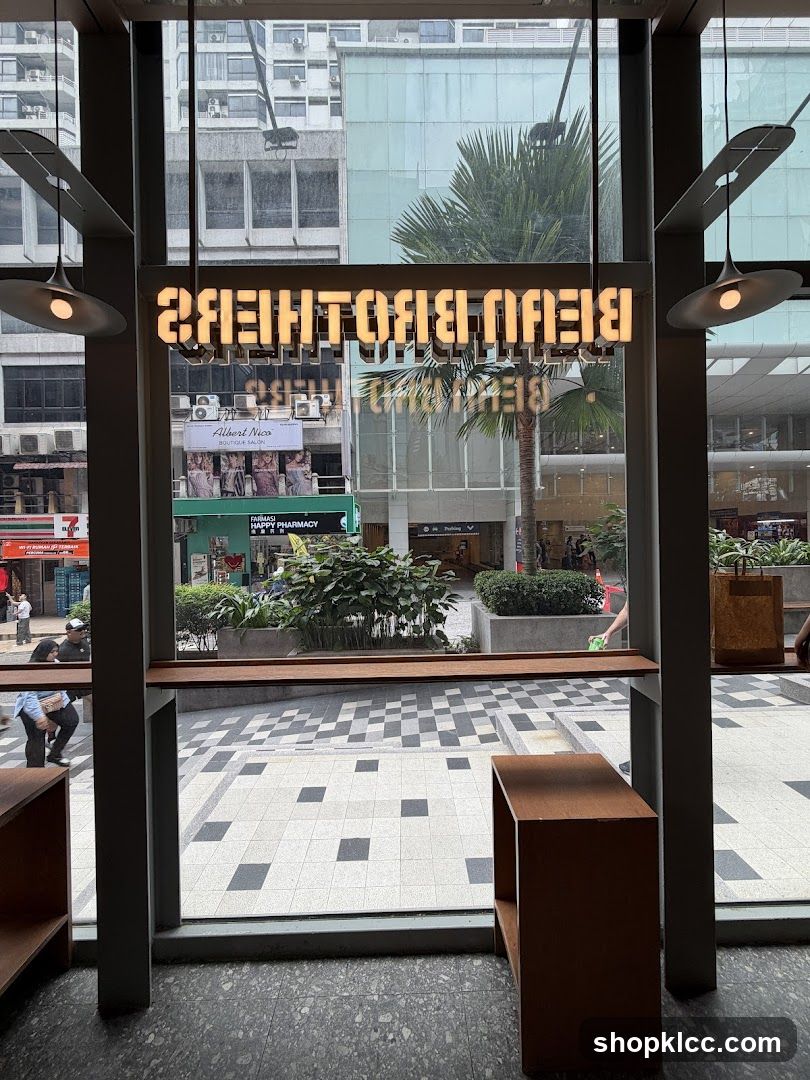 Interior view of a cafe with a sign