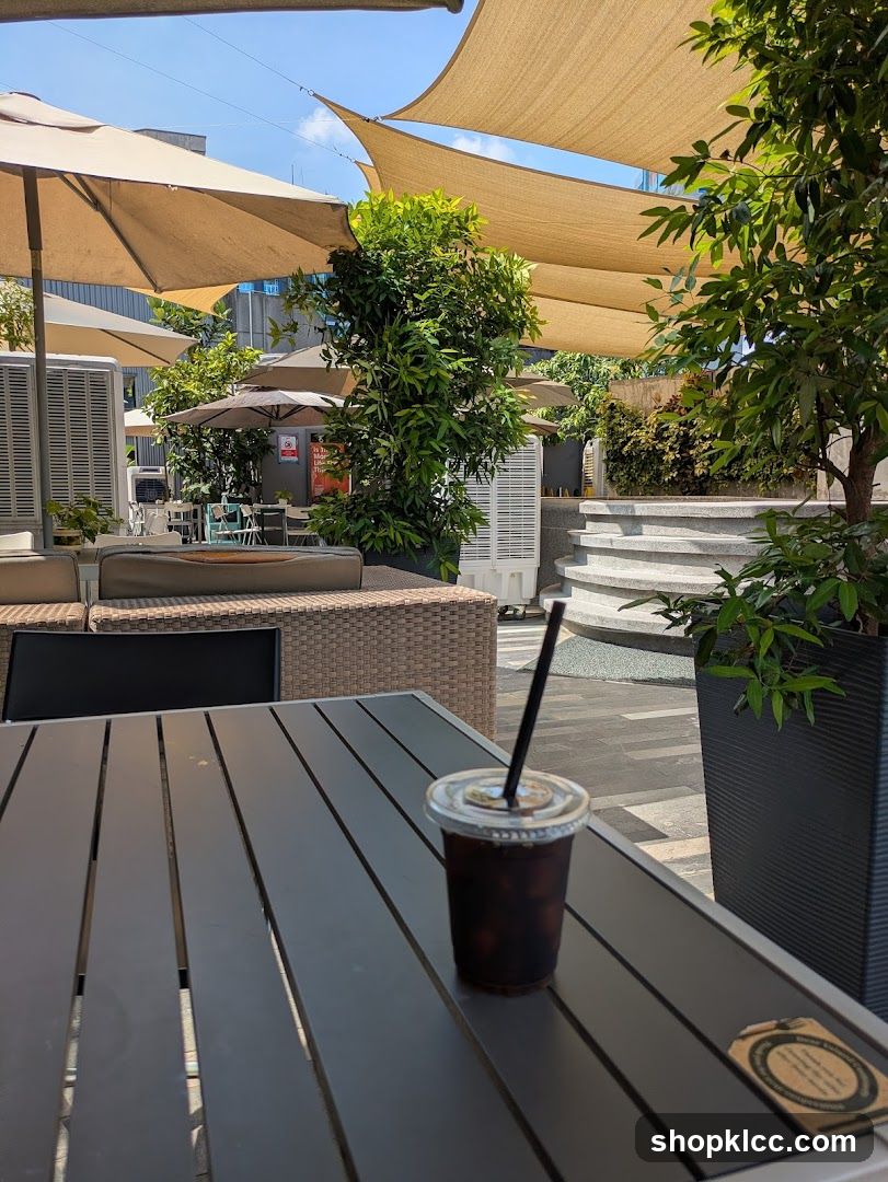 Outdoor Seating Area with Iced Coffee