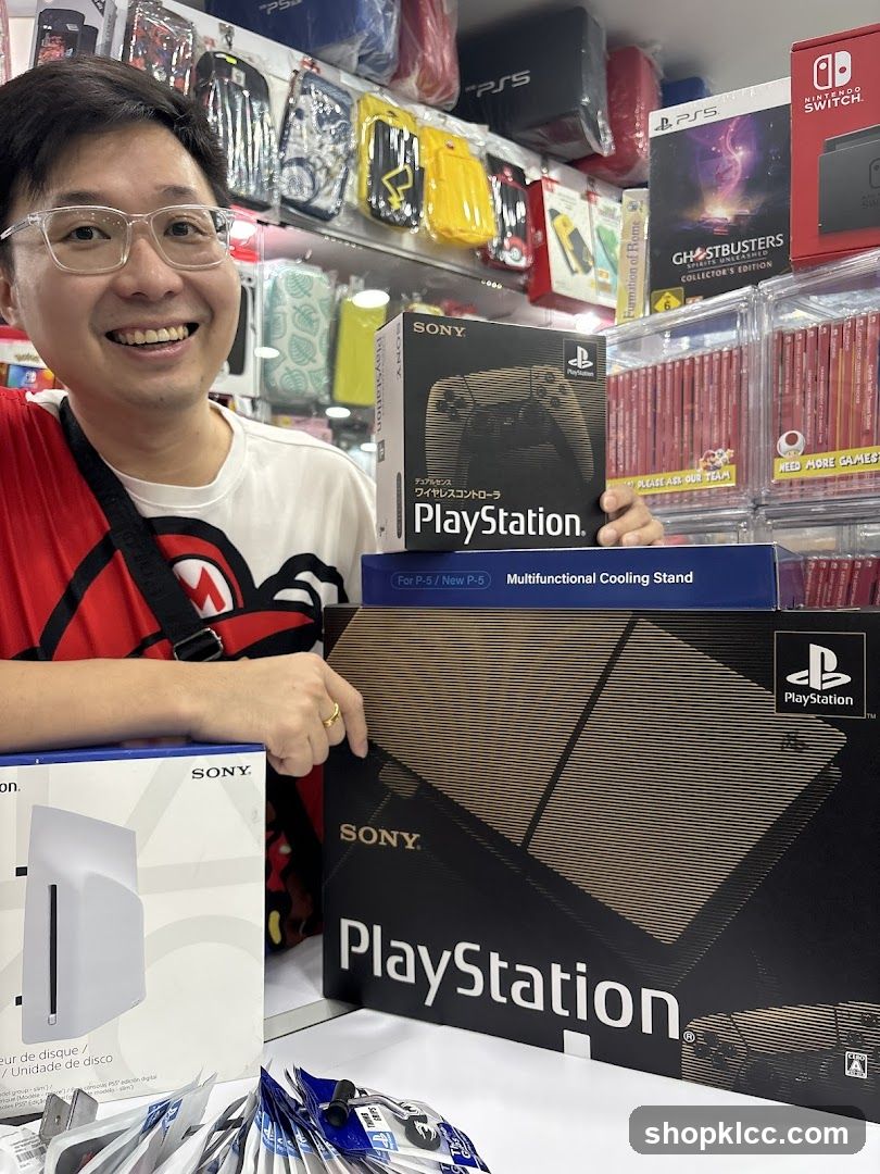 Man with PlayStation merchandise
