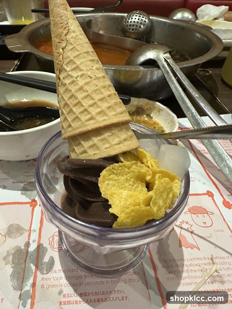 Dessert with Ice Cream Cones and Hot Pot