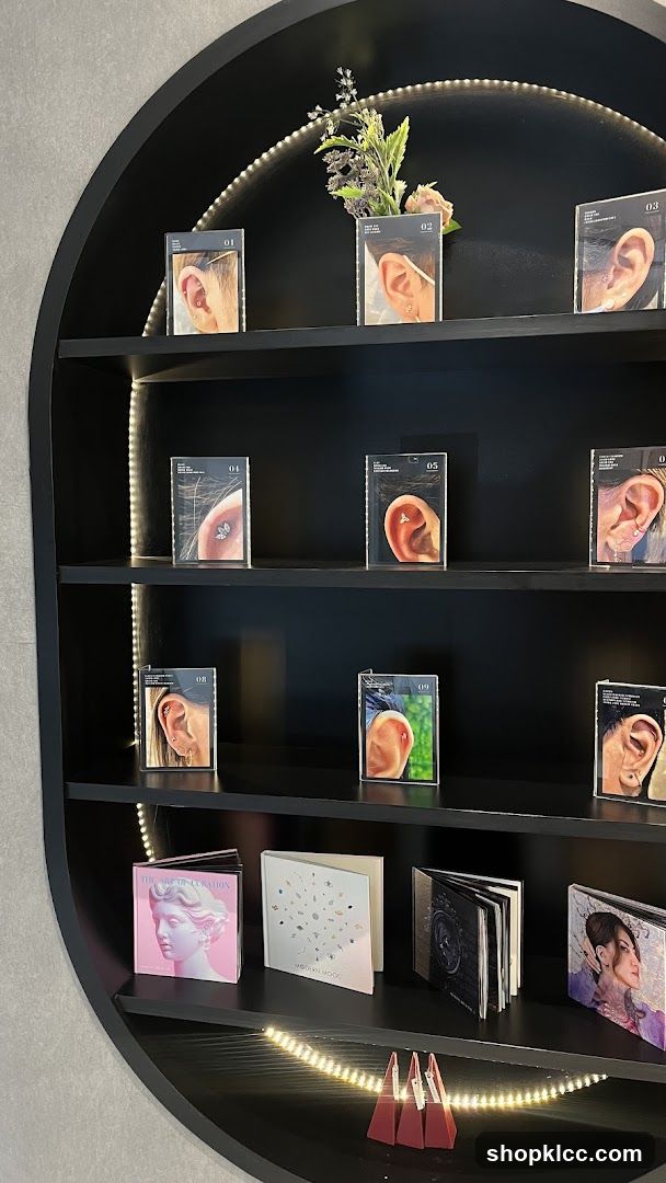 Display Shelf with Ear Piercing Examples and Art Books