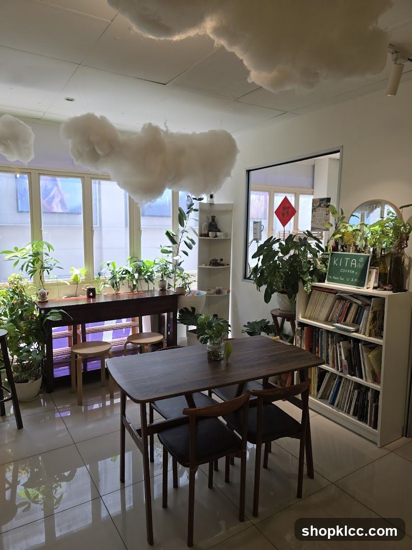 Cozy Cafe Interior with Cloud Decorations