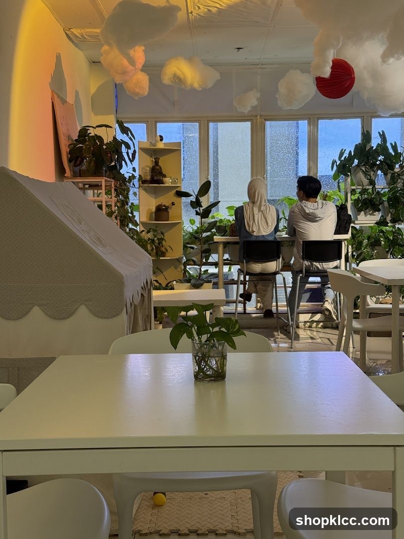 Cozy Cafe Interior with Plants and Cloud Decorations