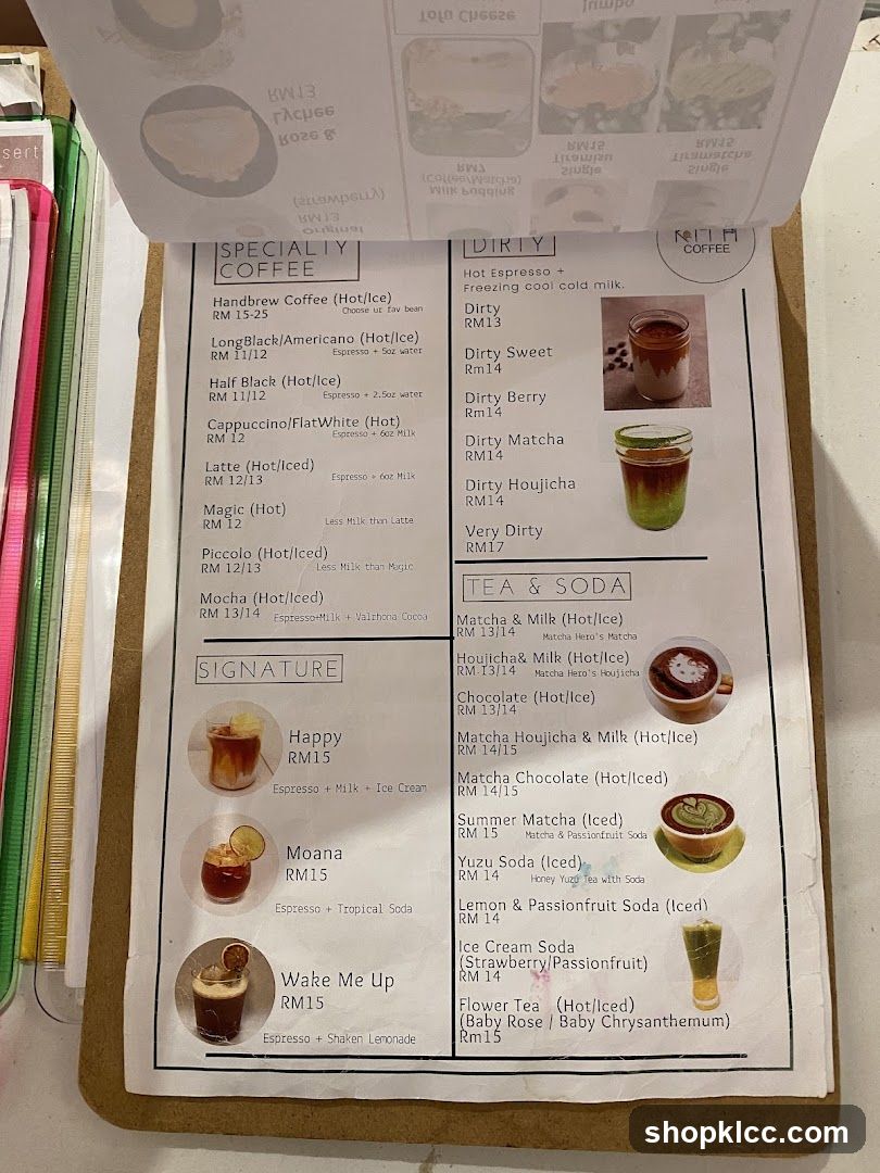 Specialty Coffee, Dirty, Tea & Soda Menu