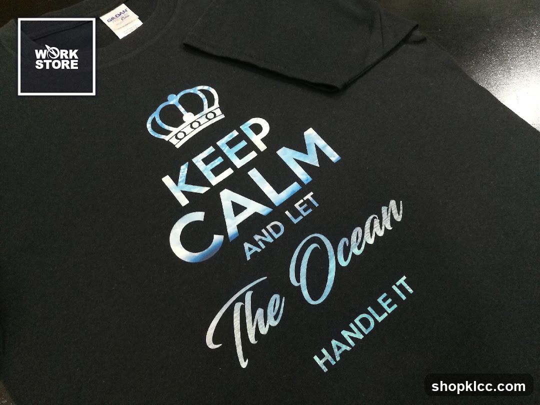Black T-shirt with "Keep Calm and Let The Ocean Handle It" slogan