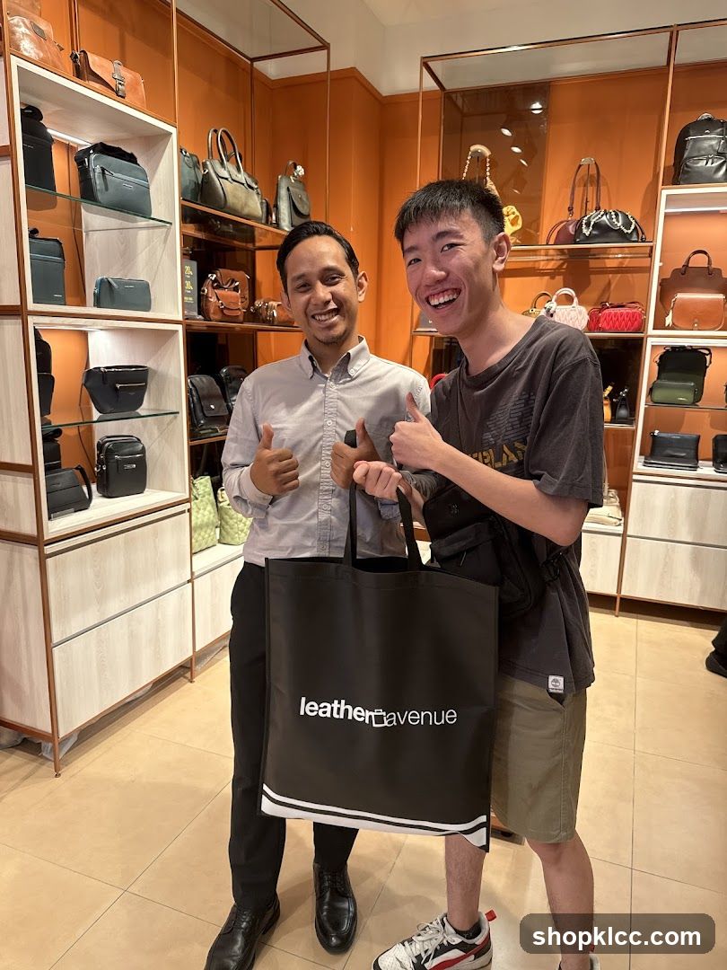 Two men in a store with bags