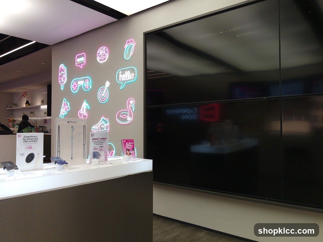 Store Interior with Neon Decorations and Product Displays