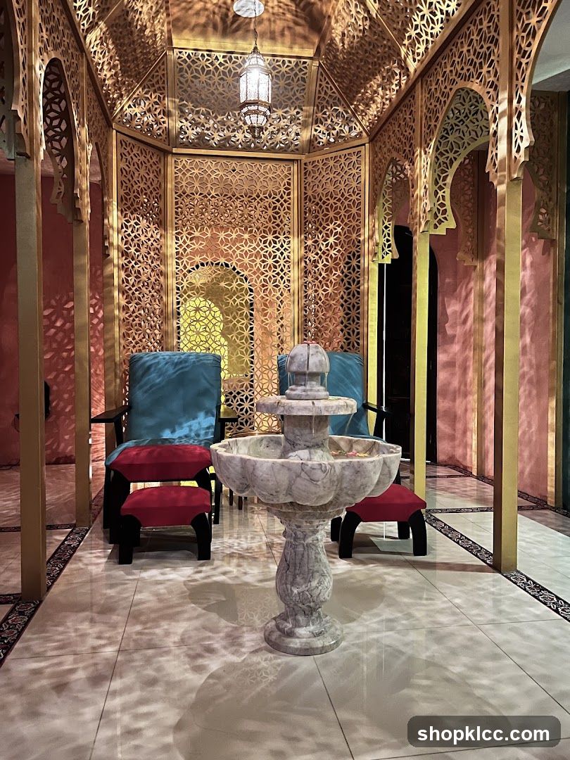 Moroccan-inspired seating area with fountain