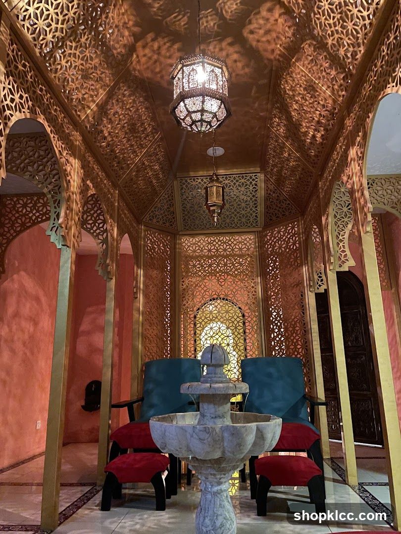 Moroccan-style seating area with fountain