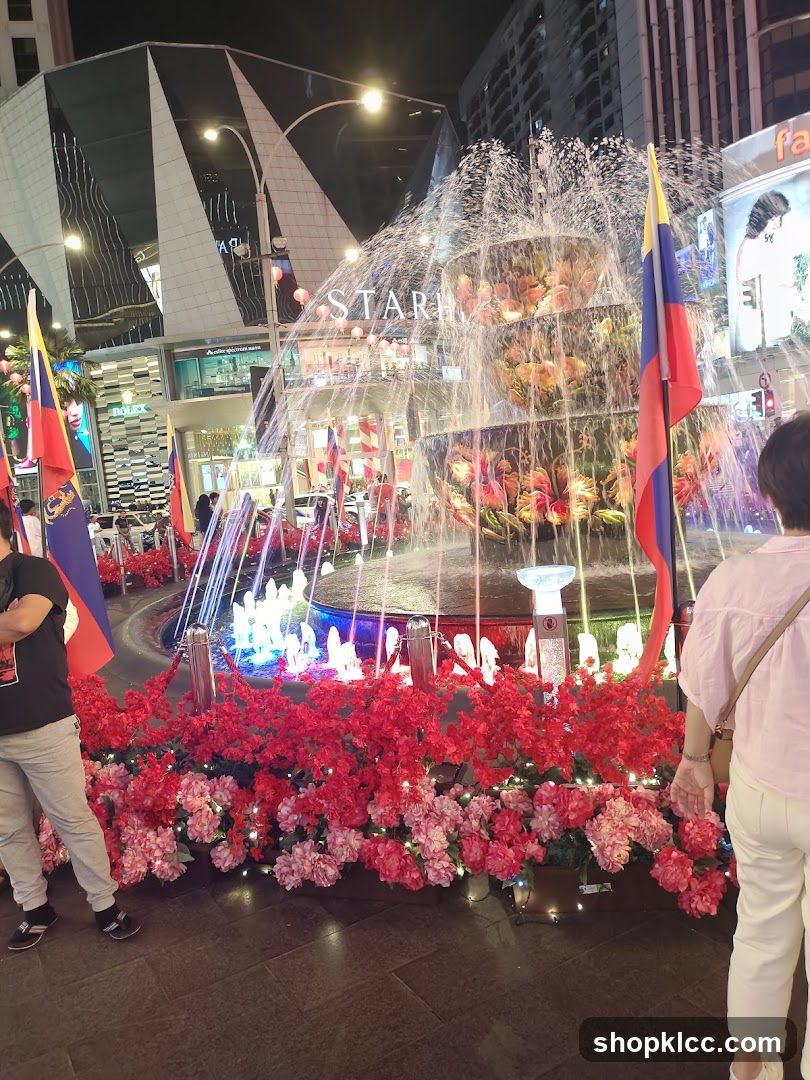 Fountain with Flags and Flowers