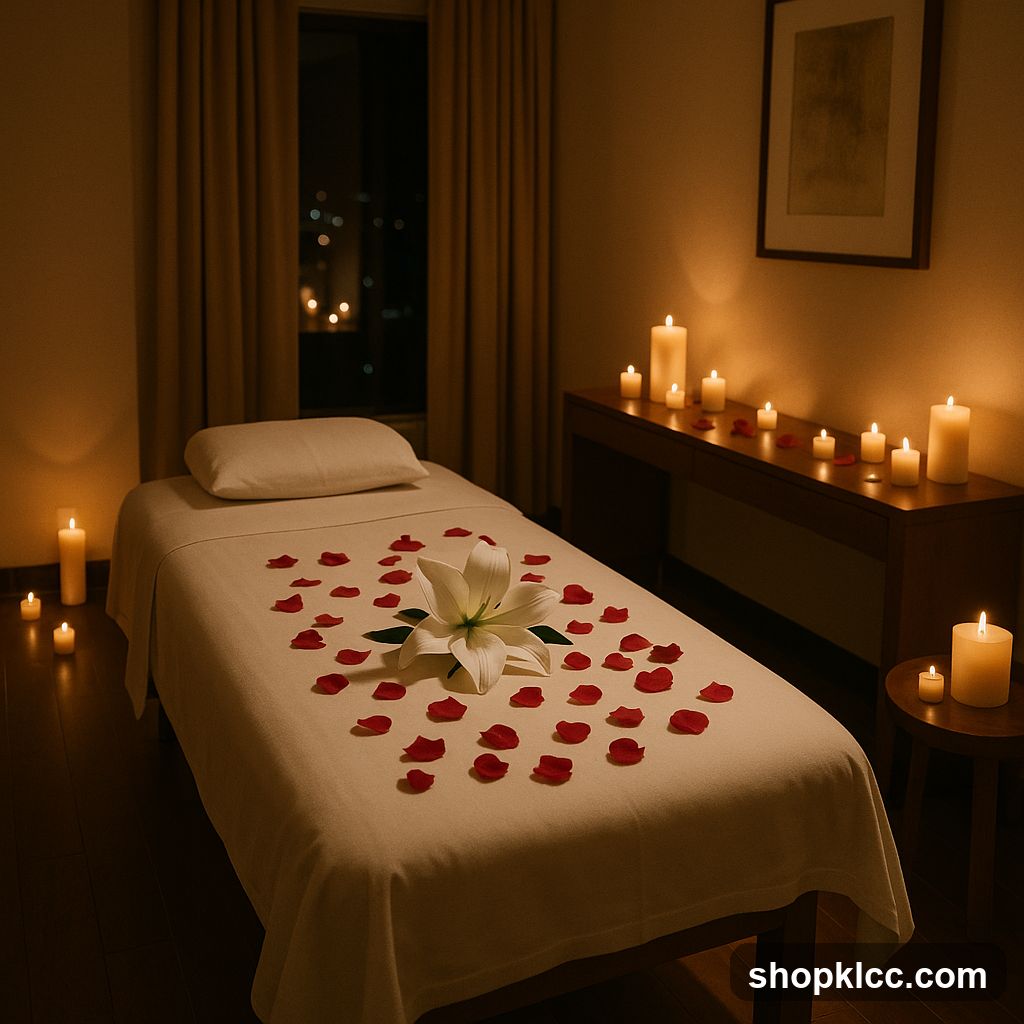 Massage table decorated with rose petals and a lily