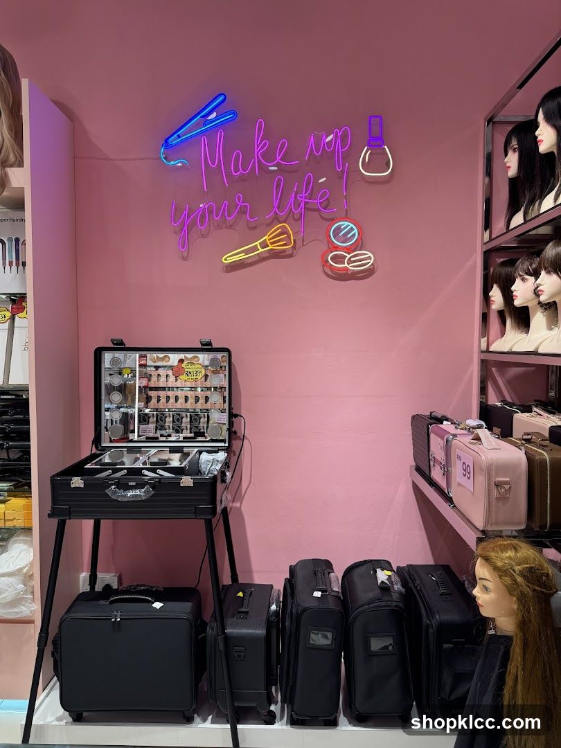 Makeup display with neon sign